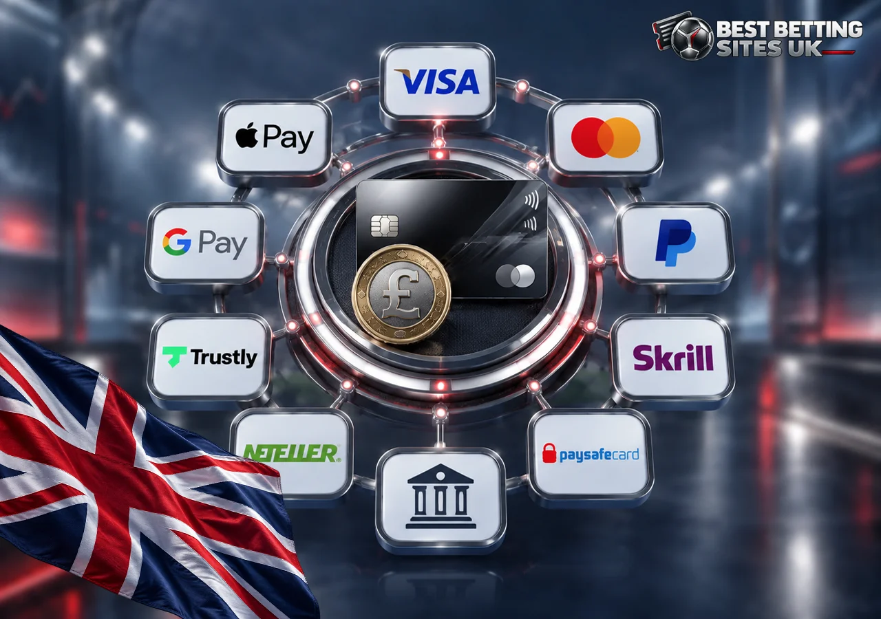 UK betting payment methods overview with bank cards, digital wallets and direct account transfer options
